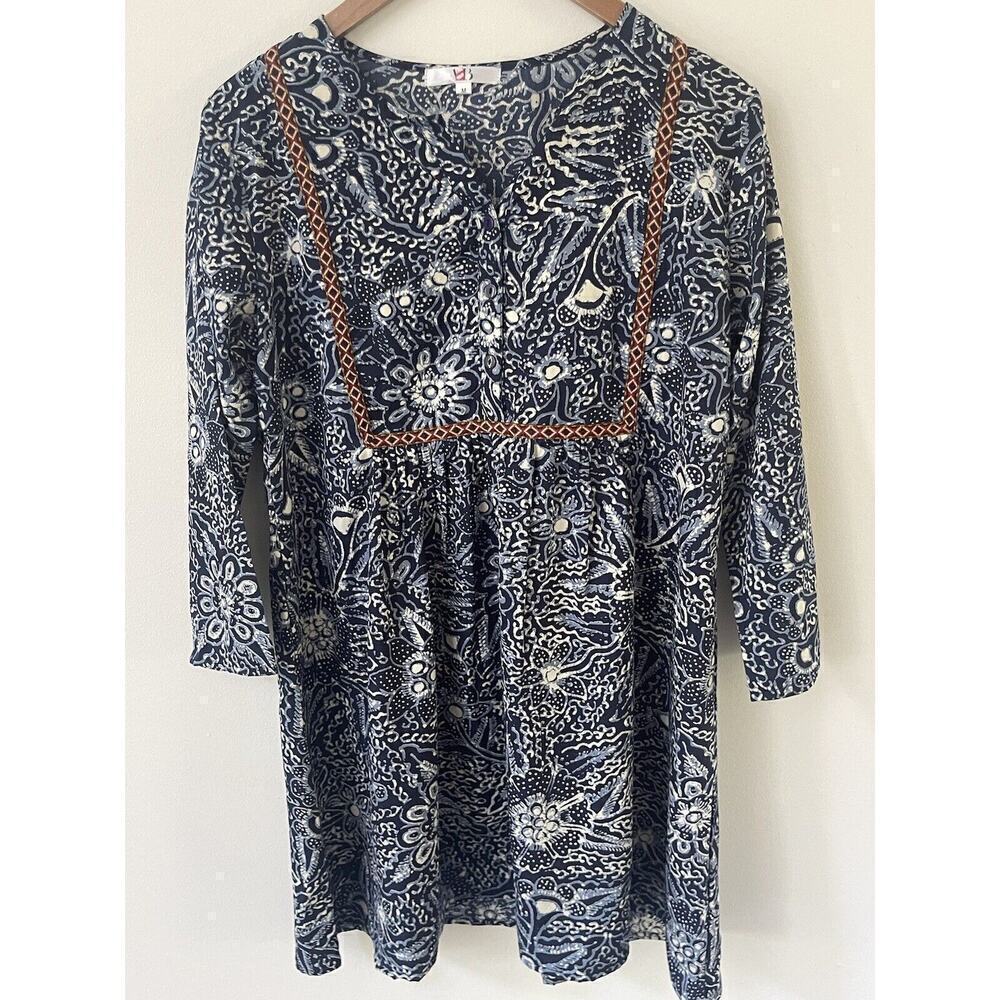 America & Beyond Womens Size M Peasant Boho Festival Blue Long Sleeve Dress